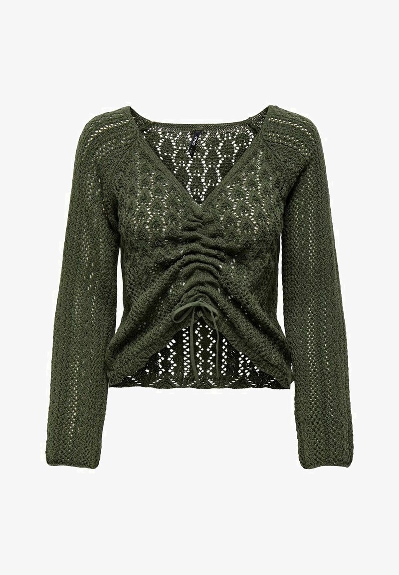 Cardigan a maglia in verde oliva con maniche lunghe, scollo a V, dettaglio arricciato sul davanti e motivo traforato, con chiusura a coulisse all'orlo.