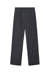 Pantalones de pierna ancha gris oscuro, confeccionados con tela suave y con una cinturilla elástica, que presentan franjas laterales en contraste. Frente plano y dobladillo con puños.