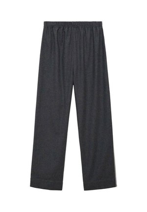 Tamno sive široke hlače od mekanog materijala s elastičnom udobnom pasicom, sa kontrastnim bočnim prugama. Ravni prednji dio i prevrnuti rub.