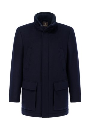 Marineblauwe wollen mantel met een opstaande kraag, twee voorkanten zakken en een rechte snit. Kenmerkt zich door een gladde textuur en minimalistische designelementen.