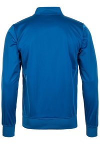 Blå, lättvikts sportjacka med en slät textur, ribbad krage och åtsittande ärmar. Bakvy visar rena linjer och inga utsmyckningar.