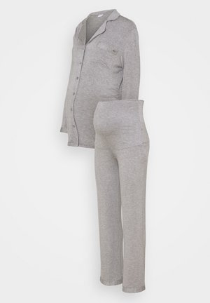 Gray maternity pajama set featuring a button-up long-sleeve top with a chest pocket and matching elastic-waist pants. Soft cotton material.