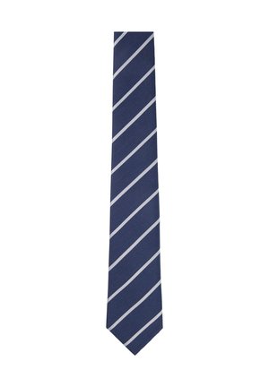 Marineblaue Krawatte mit gleichmäßig verteilten diagonalen weißen Streifen, zum unteren Ende hin verjüngt.