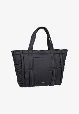 Borsa a tote nera trapuntata con due manici robusti. Presenta una texture liscia e un branding discreto sulla parte anteriore, progettata per un uso informale.