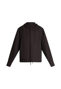 Giacca nera con cappuccio in materiale leggero. Presenta una tasca frontale, coulisse in vita e maniche lunghe. Texture liscia con design minimale.