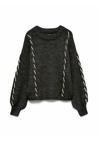 Felpa a maglia grigia scura con scollatura rotonda, caratterizzata da dettagli in pizzo color crema lungo le maniche e una vestibilità comoda.