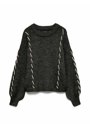 Felpa a maglia grigia scura con scollatura rotonda, caratterizzata da dettagli in pizzo color crema lungo le maniche e una vestibilità comoda.