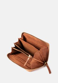 Brown leather wallet with a zip closure, featuring multiple card slots, two main compartments, and a smooth textured interior.