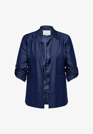 Tumši zils sieviešu žakete ar uzlocītām piedurknēm, ar atlocītu atloku apkakli, atvērtu priekšu un šķēlumu kabatās, iekšpusē viegla oderējuma.