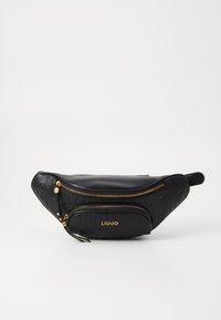 Schwarze Kunstleder-Gürteltasche mit zwei Reißverschlussfächern, geprägtem Muster und goldenen Hardware-Elementen. Mit Markenlogo in Gold auf der Vorderseite.