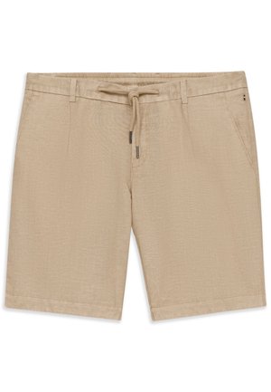 Beige knielange Shorts mit Taschen vorne, Gürtelschlaufen und einem Kordelzug in der Taille.
