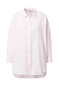 Camicia button-up rosa chiaro, realizzata in tessuto testurizzato, dotata di colletto, maniche lunghe e una vestibilità ampia con orlo curvo.