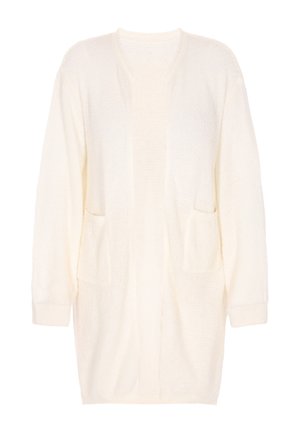 Baltas megztas kardiganas su ilgomis rankovėmis, atviru priekiniu užsegimu ir dviem priekinėmis kišenėmis; tekstūruota medžiaga ir laisvas siluetas.