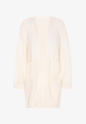 Witte gebreide cardigan met lange mouwen, open voorkant en twee voorkruispockets; gestructureerde stof en ontspannen pasvorm.