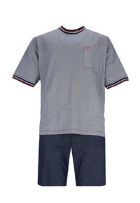 Gray short-sleeve T-shirt with a pocket, featuring red and blue striped collar, paired with blue shorts in a similar fabric and texture.