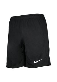Shorts de sport noirs en tissu léger et respirant. Dotés d'une taille élastique et d'un logo Nike en forme de virgule blanche en bas à gauche.