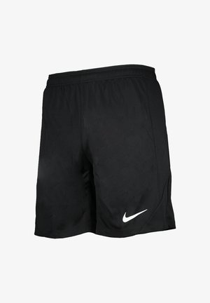 Schwarze Sportshorts aus leichtem, atmungsaktivem Stoff. Mit einem elastischen Bund und einem weißen Nike-Swoosh-Logo auf der unteren linken Seite.