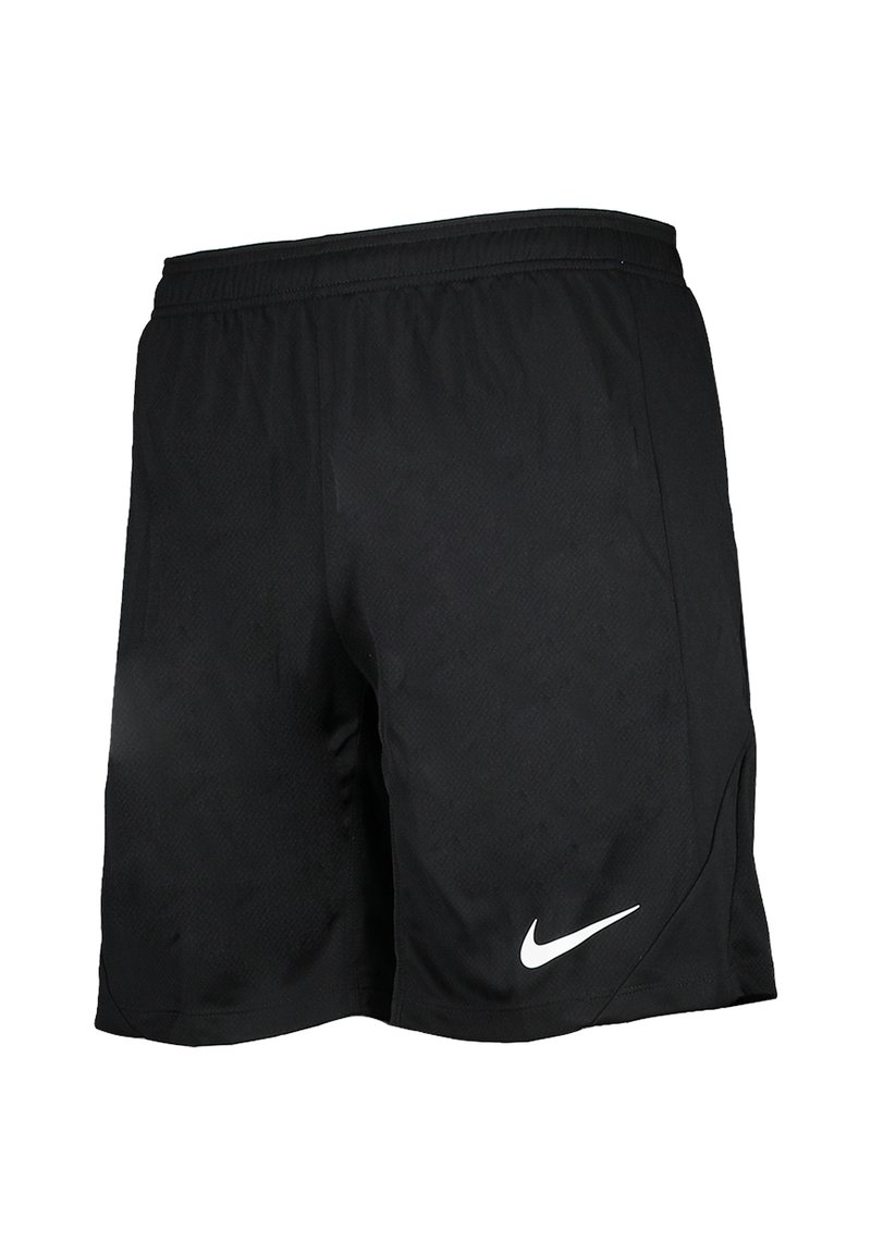 Shorts de sport noirs en tissu léger et respirant. Dotés d'une taille élastique et d'un logo Nike en forme de virgule blanche en bas à gauche.