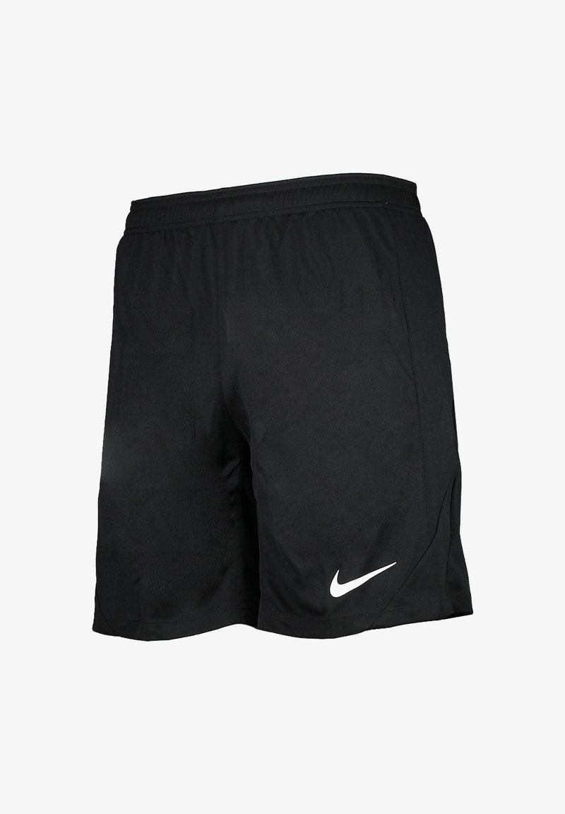 Zwarte sportshorts van lichtgewicht, ademend materiaal. Voorzien van een elastische tailleband en een witte Nike swoosh-logo aan de onderzijde links.