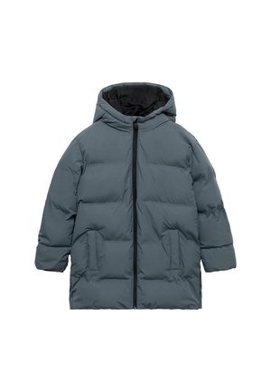 Doudoune grise avec capuche, dotée d'un zip intégral, de deux poches latérales et d'une texture matelassée avec une doublure noire.