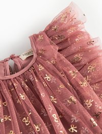 Rynket pink mesh kjole med gyldne blomster mønstre; har en rund halsudskæring og knaplukning bagpå. Delikat, gennemsigtig tekstur.