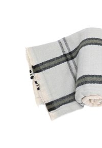 Coperta tessuta di un grigio chiaro con strisce verdi e nere. Presenta bordi sfrangiati e una consistenza morbida, arrotolata per una facile conservazione.