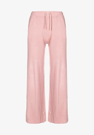 Pantaloni in maglia a coste di colore rosa chiaro, con una vestibilità rilassata, dotati di una vita elastica e stringhe regolabili. Nessun motivo o dettaglio visibile.