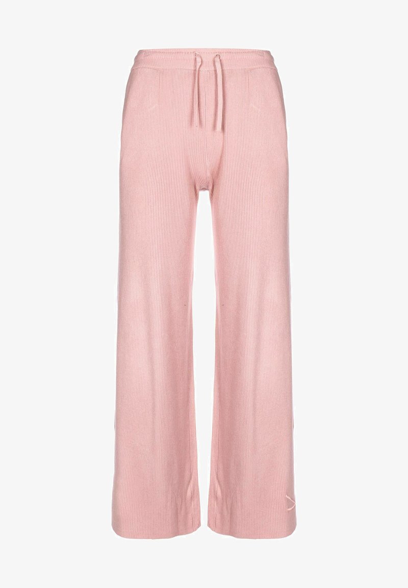 Pantalones de punto acanalado en rosa claro, con un corte relajado, que cuentan con una cinturilla elástica y cordones ajustables. Sin patrones ni acentos visibles.