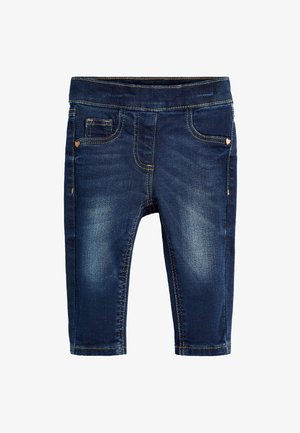 Dunkelblaue Baby-Jeans mit elastischem Bund, ausgebleichten Oberschenkelbereichen, Vordertaschen und kleinen herzförmigen Nieten an den Taschenrändern.