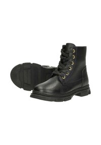 Zwarte leren enkellaarzen met gestructureerde afwerking, ronde neus, gouden oogjes en veters. Dikke rubberen zool met een profiel voor grip.