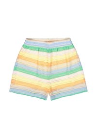 Pantalones cortos de punto con rayas horizontales en colores pastel: azul, amarillo, verde y naranja. Cintura elástica con bordes festoneados y textura de tejido abierto.
