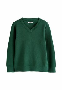 Grüner V-Ausschnitt-Pullover mit geripptem Muster, langen Ärmeln und tailliertem Saum. Das Etikett am Hals trägt die Aufschrift "Clarks." Leichtes Material.