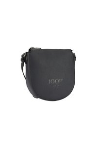 Borsa a tracolla in pelle nera, tessurizzata, con forma arrotondata e tracolla regolabile. Presenta un logo impresso sul davanti e una chiusura con zip.