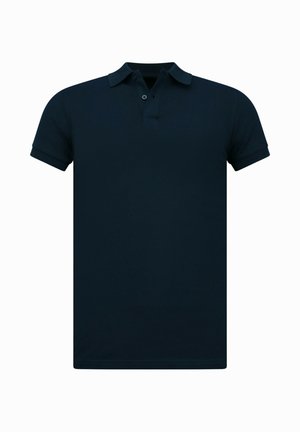 Donkerblauw polohemd met korte mouwen, kraag en twee knopen, getoond op een witte achtergrond.