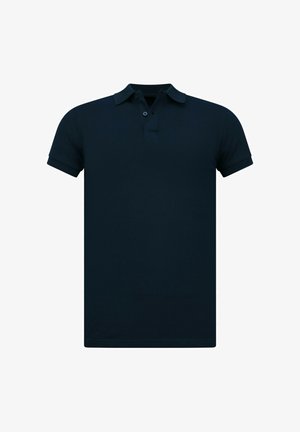 Donkerblauw polohemd met korte mouwen, kraag en twee knopen, getoond op een witte achtergrond.
