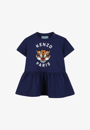 Robe en coton bleu marine à manches courtes, ornée d'un graphique de tigre et du texte "KENZO PARIS", jupe évasée, avec des boutons pression sur l'épaule.