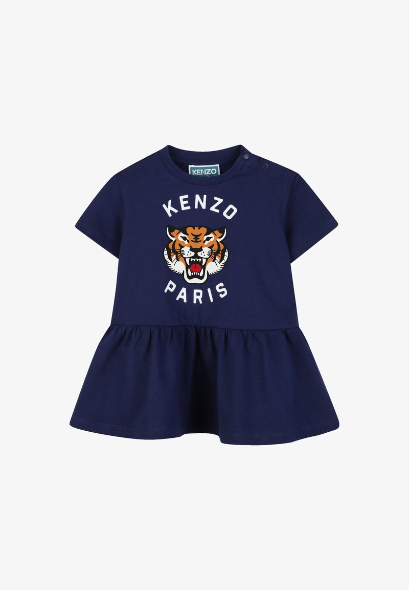 Robe en coton bleu marine à manches courtes, ornée d'un graphique de tigre et du texte "KENZO PARIS", jupe évasée, avec des boutons pression sur l'épaule.