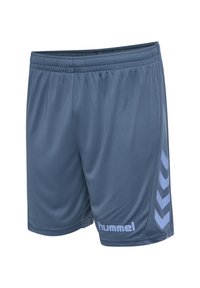 Blauwe sportshorts met elastische tailleband, met de merknaam "hummel" en een chevronlogo op het rechterbeen.