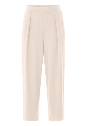 Kreminės spalvos kelnės, laisvo modelio, su klostėmis ir lygia tekstūra. Sukurtos su vidutinio aukščio juosmeniu ir tiesiomis kojų linijomis.