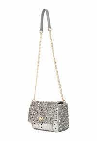 Borsa argento con paillettes, chiusura a patta, dettagli in oro e tracolla a catena dorata staccabile. Forma rettangolare con superficie testurizzata.