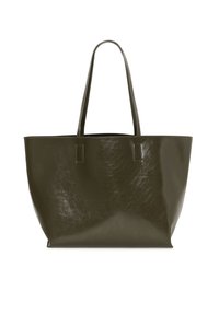 Sac fourre-tout vert olive avec une finition brillante, de forme rectangulaire, doté de deux poignées et d'un design minimaliste. Pas de matériel ou de motifs visibles.