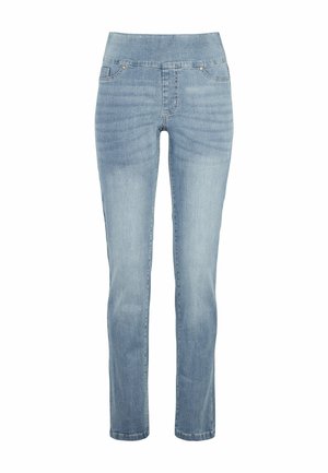 Blauwe denim jeans met een gladde hoge tailleband, rechte pijpen, subtiele vervaging en twee voorkruiszakken met metalen klinknagels.