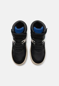 High-top sneakers in black leather and suede with blue accents, featuring a textured sole, lace-up design, and padded ankle support.