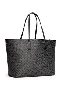 Borsa a tracolla nera realizzata in materiale testurizzato con un motivo geometrico, doppio manico e cuciture a contrasto lungo i bordi.