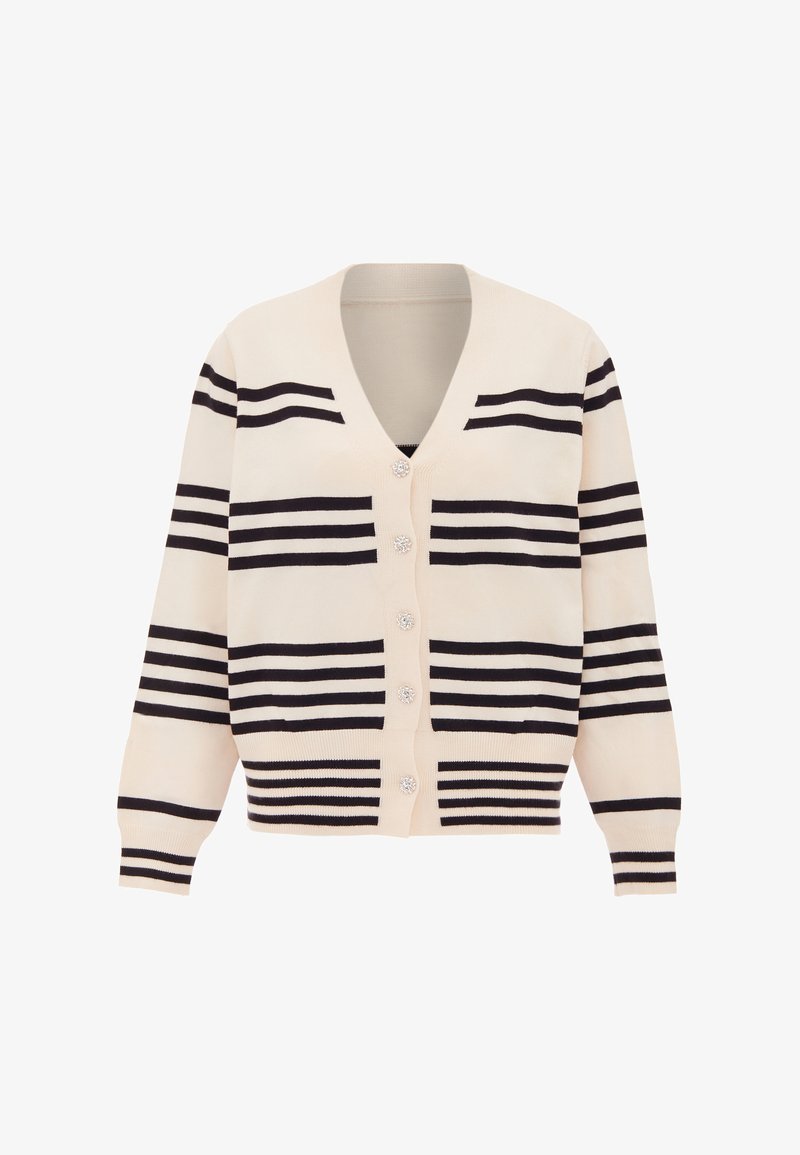 V-hals cardigan van zacht materiaal met afwisselend zwarte strepen op een crèmekleurige achtergrond en zes decoratieve knopen.