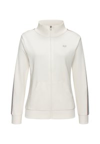 Weiße Zip-Jacke mit hohem Kragen, gerippten Bündchen, zwei Fronttaschen und farbigen Streifen entlang der Ärmel. Mit "H.L.S."-Logo.