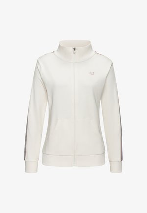 White zip-up jacket with a high collar, ribbed cuffs, two front pockets, and colored stripes along the sleeves. Features "H.L.S." logo.