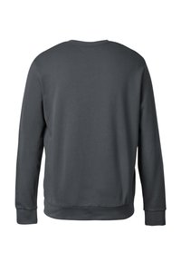 Donkergrijze sweatshirt met een ontspannen pasvorm, ronde hals, ribgebreide manchetten en een gladde textuur. Geen zichtbare patronen of hardwaredetails.
