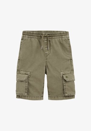 Shorts cargo verts olive en coton, avec une taille élastique, un cordon de serrage, et deux poches cargo latérales avec fermetures à rabat.