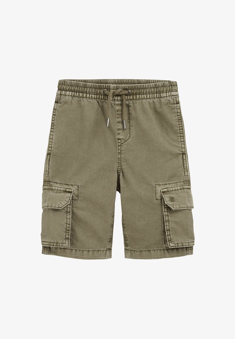 Kaki žalios spalvos šortai, pagaminti iš medvilnės, su elastinga juosta, raišteliu ir dviem šoninėmis kišenėmis su užsegamais dangteliais.